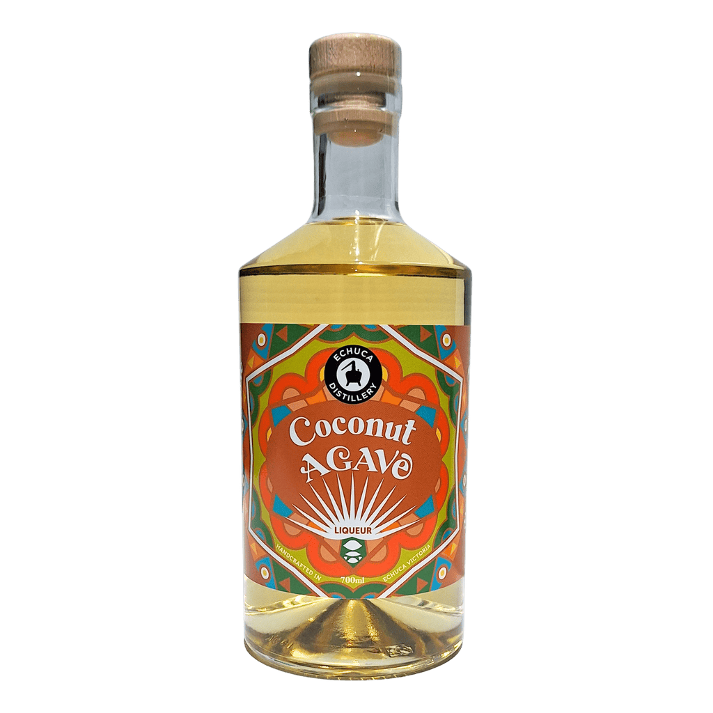 Bottle of Coconut Agave liqueur with a colorful mexican inspired label
