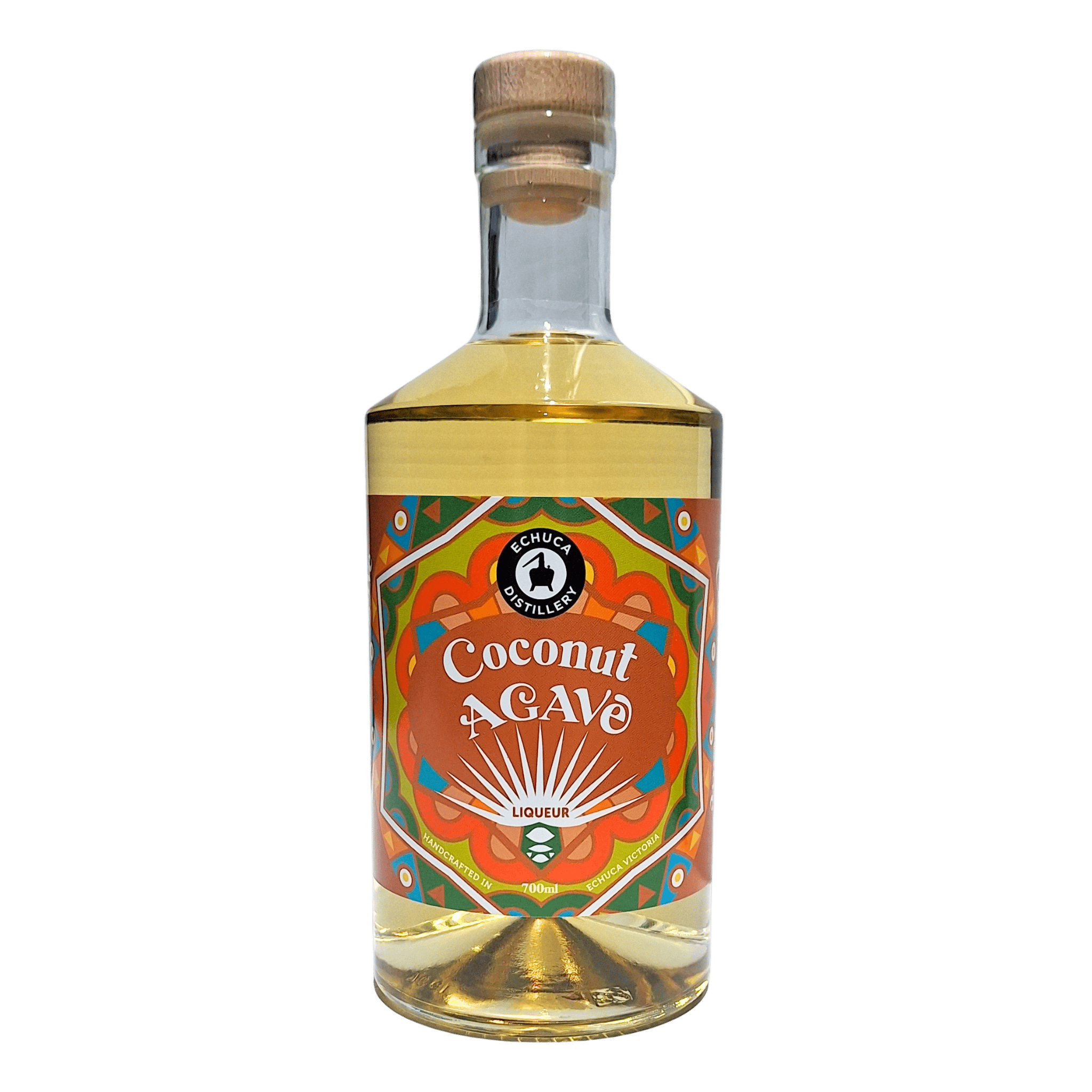 Bottle of Coconut Agave liqueur with a colorful mexican inspired label