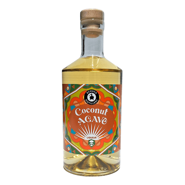 Bottle of Coconut Agave liqueur with a colorful mexican inspired label