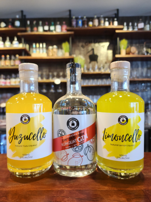 Example bottles of Gin, Limoncello and Yuzucello